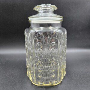 Vintage LE Smith Clear Glass Canister Atterbury Scroll Candy Cookie Jar Read